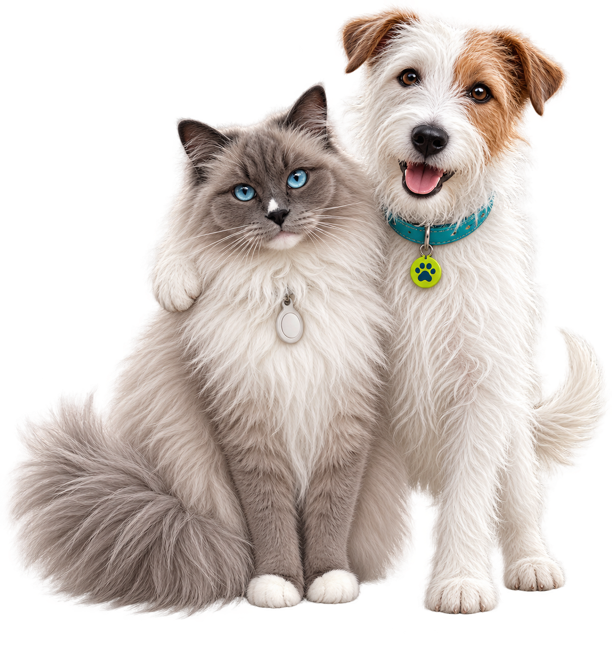 De officiële GoedkoopVoer-mascottes: een langharige Ragdoll-kat naast een ruwharige Jack Russell